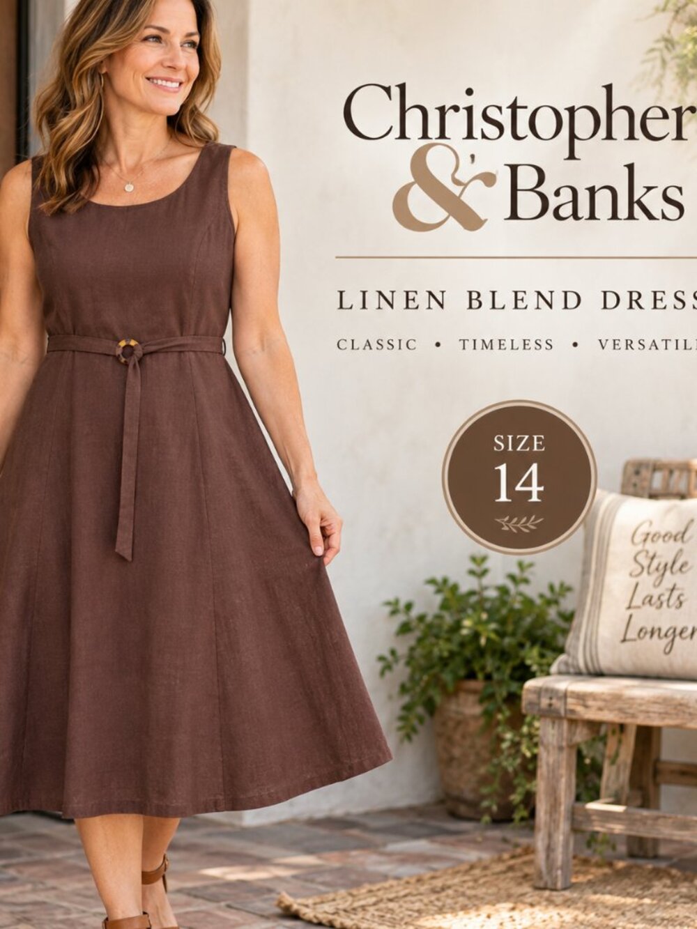 Christopher & Banks Size 14 Brown Linen A-Line Midi Belted Sleeveless Dress